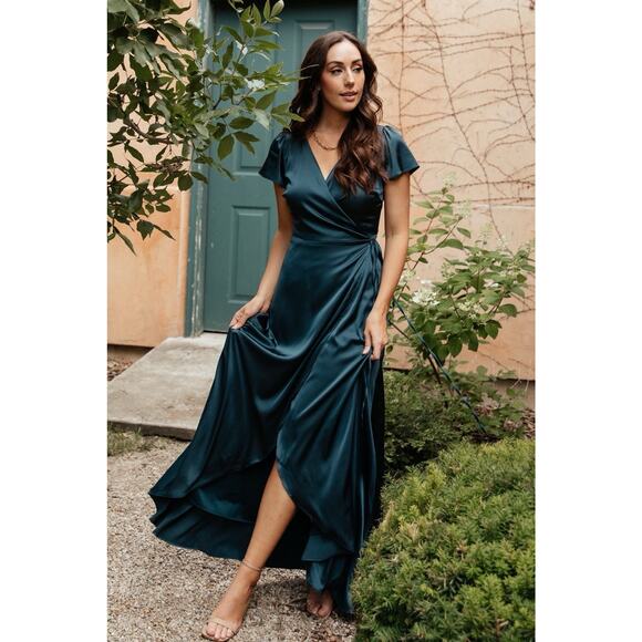 Baltic Born Krystal Deep Blue Satin Short Sleeve Maxi Wrap Gown Size Large NWT - Picture 4 of 10